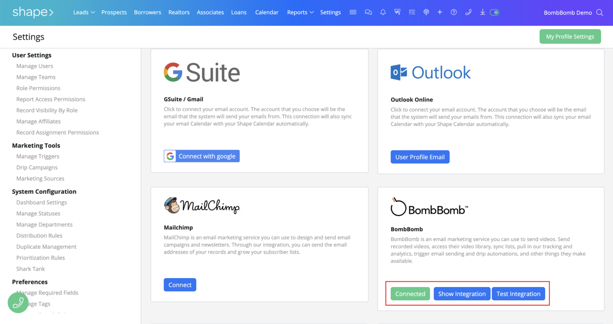 BombBomb and Shape Integrations Page